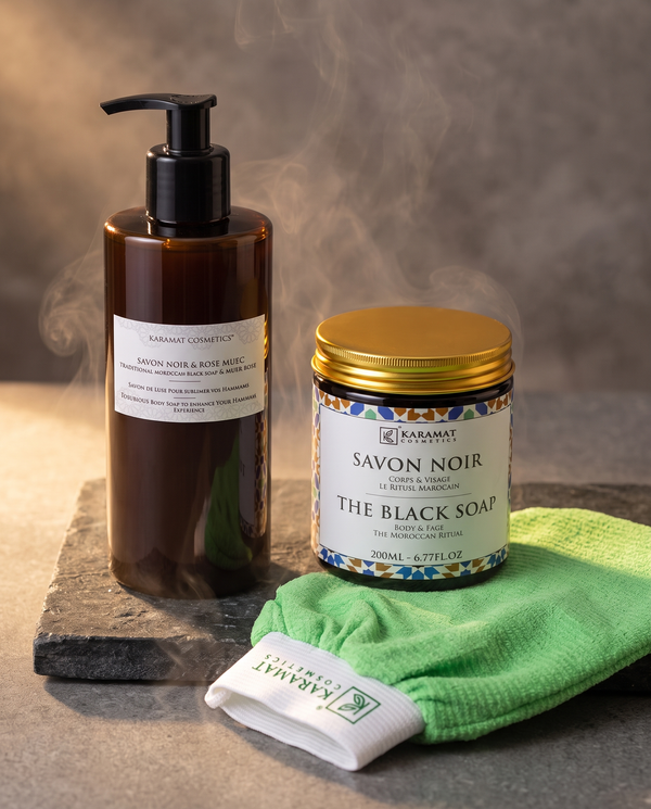 Rituel hammam complet Karamat Collection : savon noir liquide 300 ml, pot beldi 200 ml et gant kessa