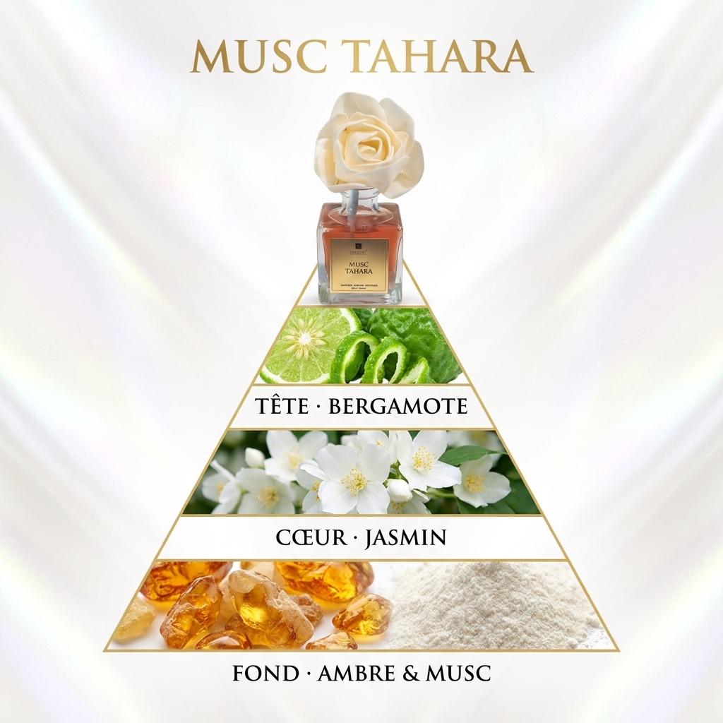 Pyramide olfactive Musc Tahara – Bergamote, Jasmin, Ambre & Musc