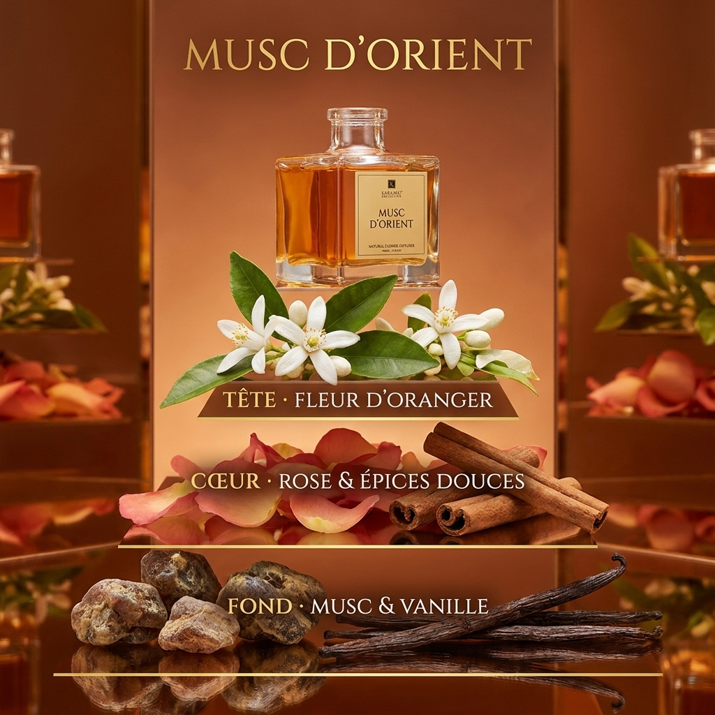 Pyramide olfactive Musc d'Orient – Fleur d'oranger, Rose & Épices douces, Musc & Vanille