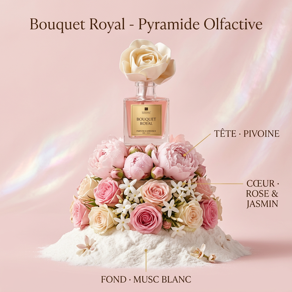 Pyramide olfactive Bouquet Royal – Pivoine, Rose & Jasmin, Musc blanc