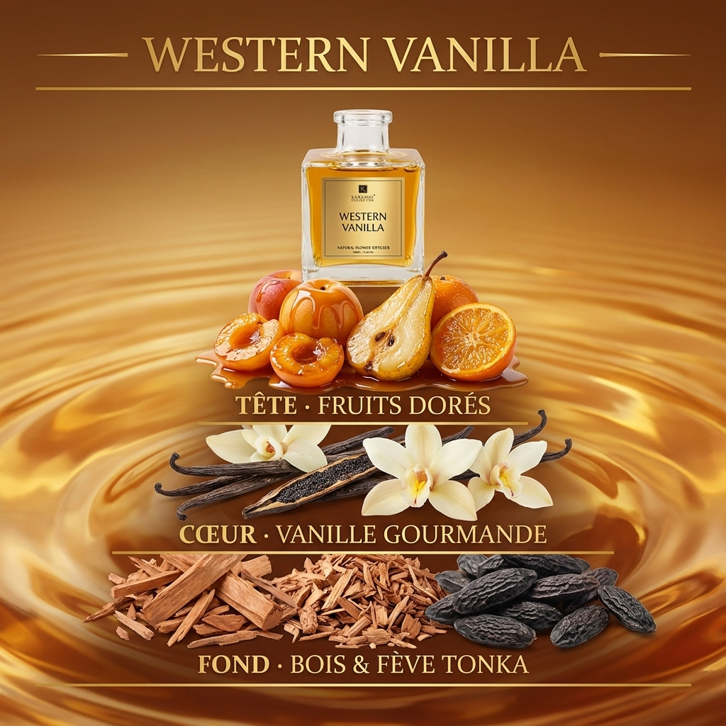 Pyramide olfactive Western Vanilla – Fruits dorés, Vanille gourmande, Bois & Fève tonka