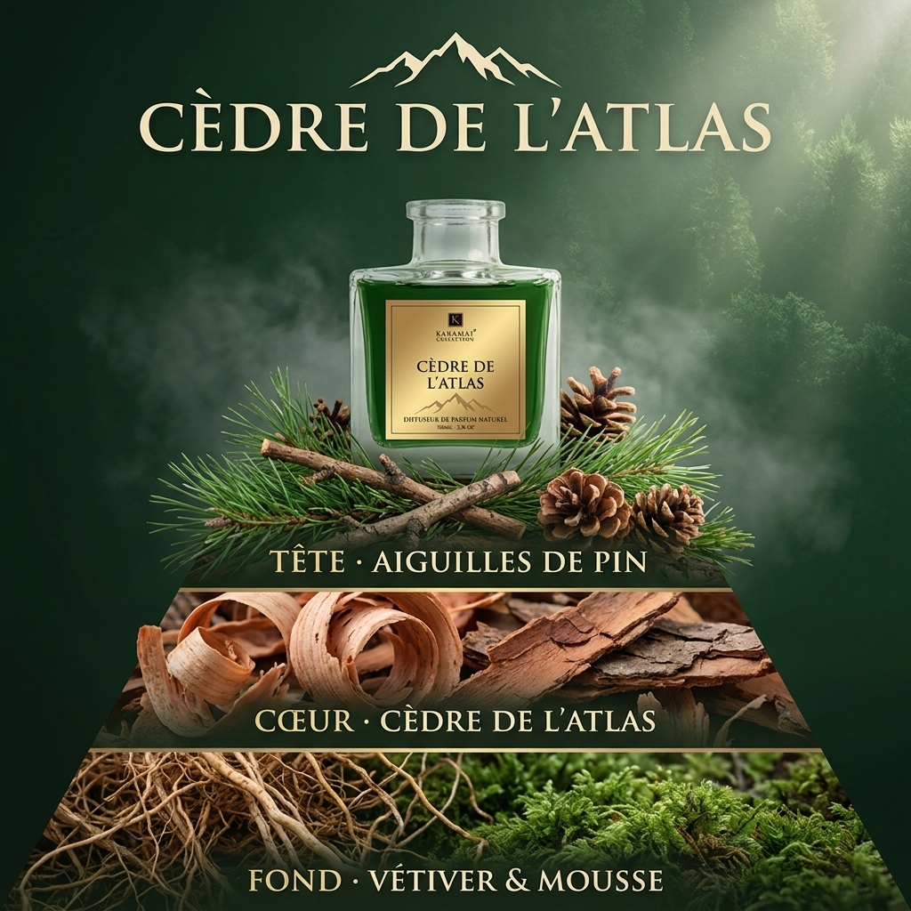 Pyramide olfactive Cèdre de l'Atlas – Aiguilles de pin, Cèdre, Vétiver & Mousse