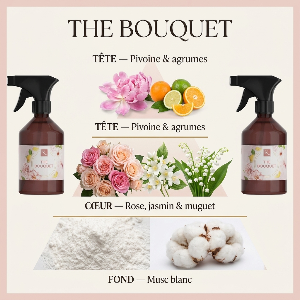 Pyramide olfactive The Bouquet – Pivoine & agrumes, Rose jasmin & muguet, Musc blanc