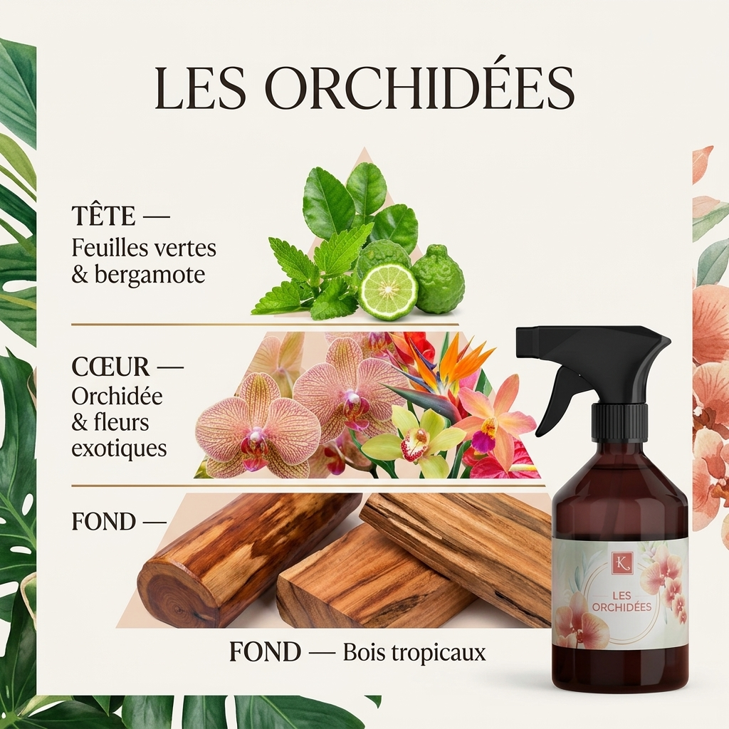 Pyramide olfactive Les Orchidées – Feuilles vertes & bergamote, Orchidée & fleurs exotiques, Bois tropicaux