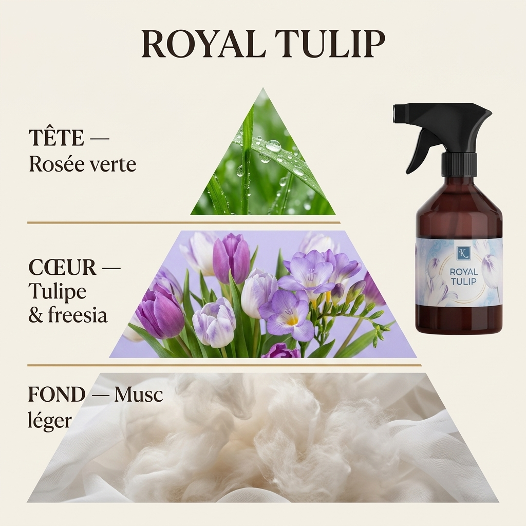 Pyramide olfactive Royal Tulip – Rosée verte, Tulipe & freesia, Musc léger