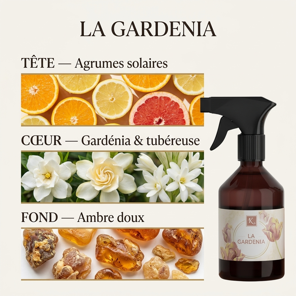 Pyramide olfactive La Gardenia – Agrumes solaires, Gardénia & tubéreuse, Ambre doux