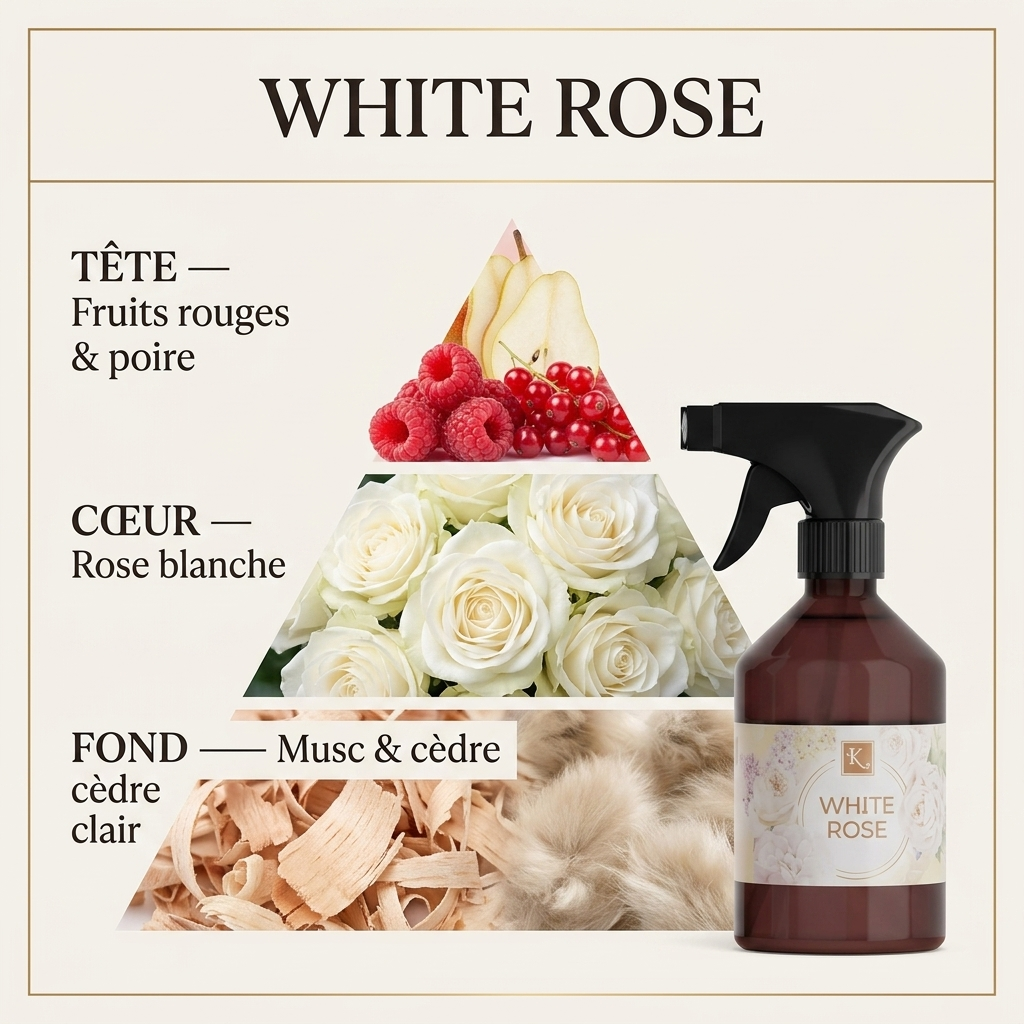 Pyramide olfactive White Rose – Fruits rouges & poire, Rose blanche, Musc & cèdre clair