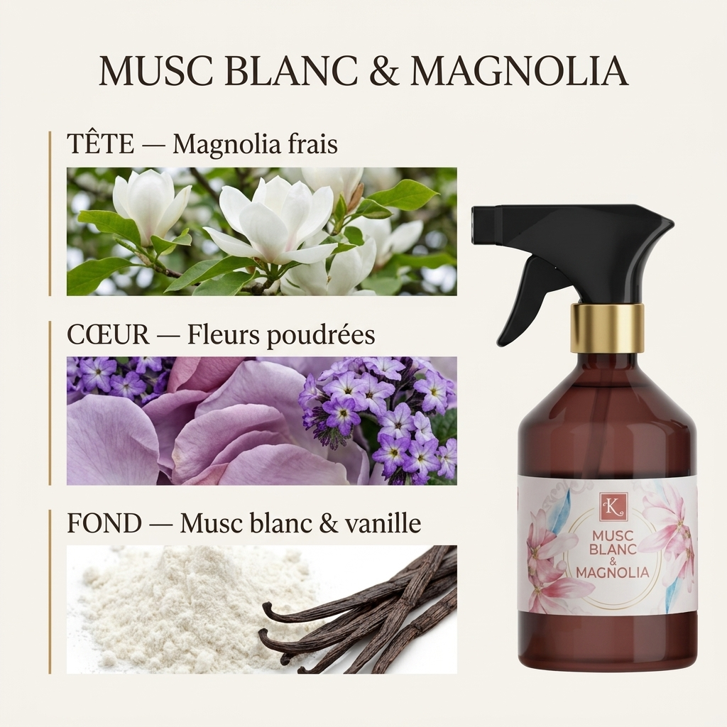 Pyramide olfactive Musc Blanc & Magnolia – Magnolia frais, Fleurs poudrées, Musc blanc & vanille