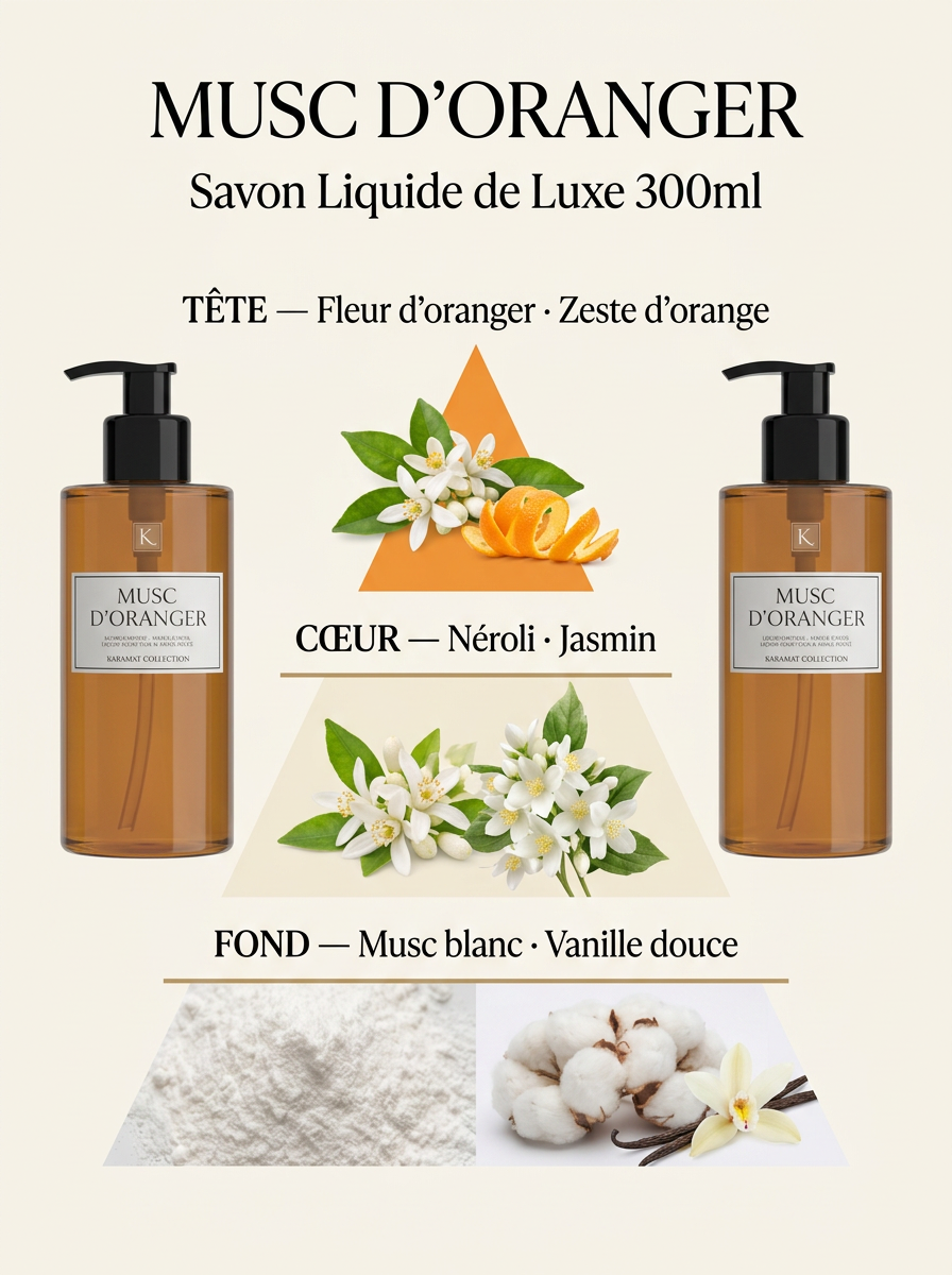 Pyramide olfactive Musc d'Oranger — Savon Liquide de Luxe 300ml
