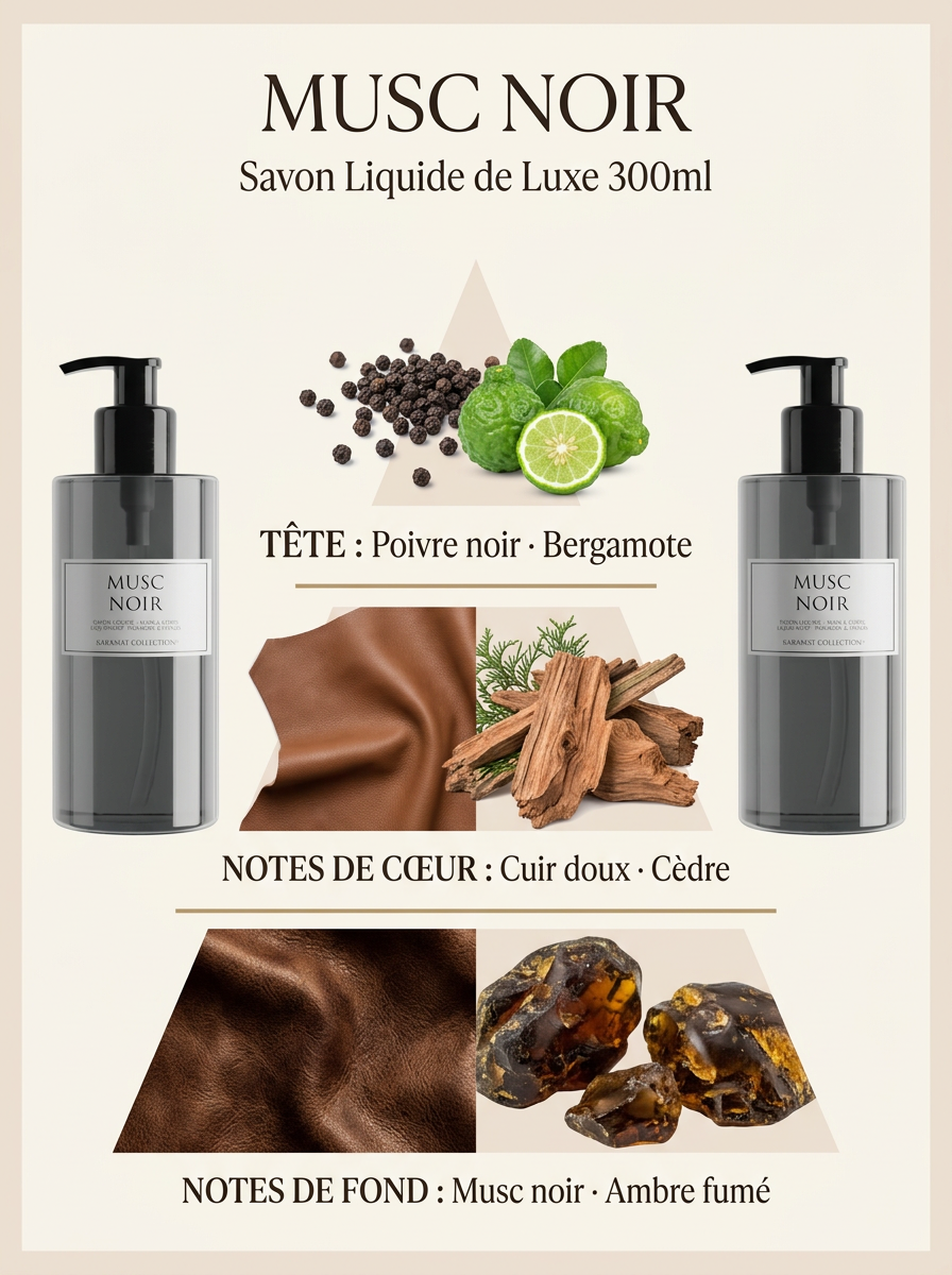 Pyramide olfactive Musc Noir — Savon Liquide de Luxe 300ml