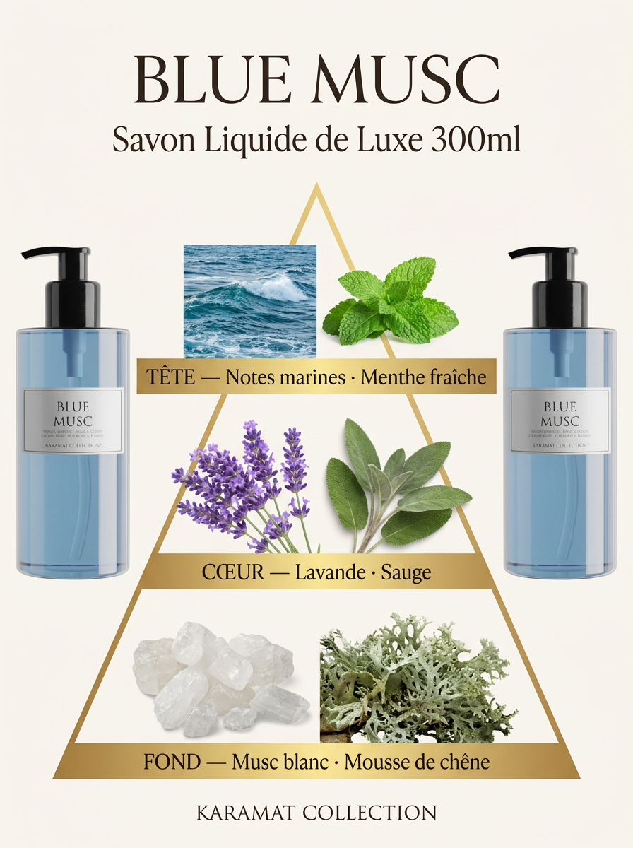Pyramide olfactive Blue Musc — Savon Liquide de Luxe 300ml