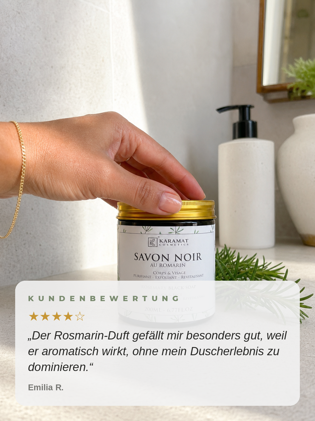 Kundenbewertung — Emilia R. ★★★★☆ — Beldi Schwarze Seife 200 ml Rosmarin
